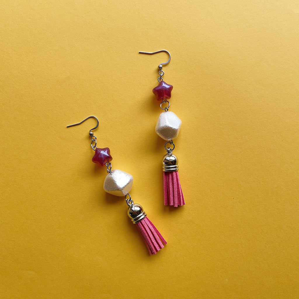 ⭐ + pearl + pink tassel earrings ✨