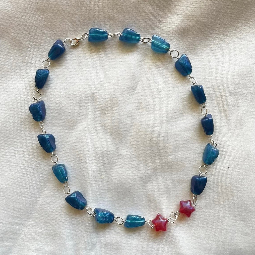 Glitter blue & double pink star beaded necklace ✨
