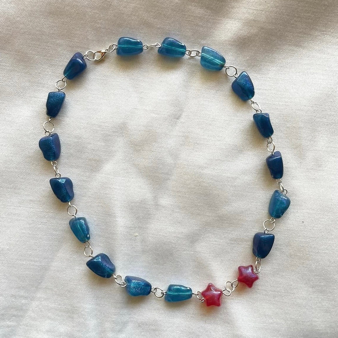 Glitter blue & double pink star beaded necklace ✨