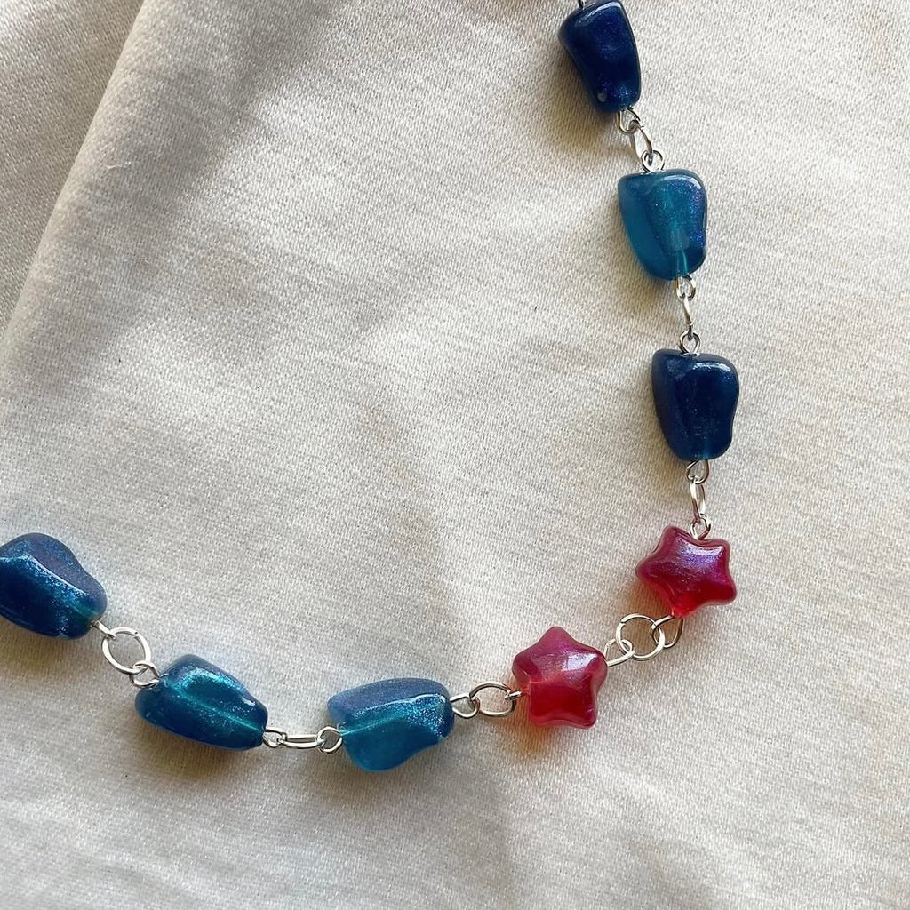 Glitter blue & double pink star beaded necklace ✨