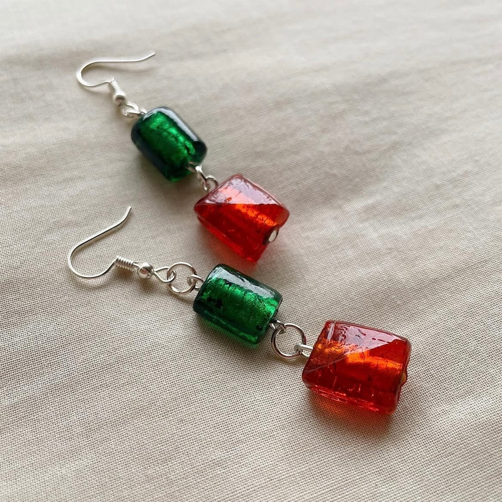 Green and orange beaded earrings ✨