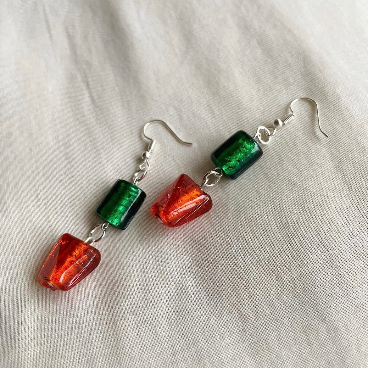 Green and orange beaded earrings ✨