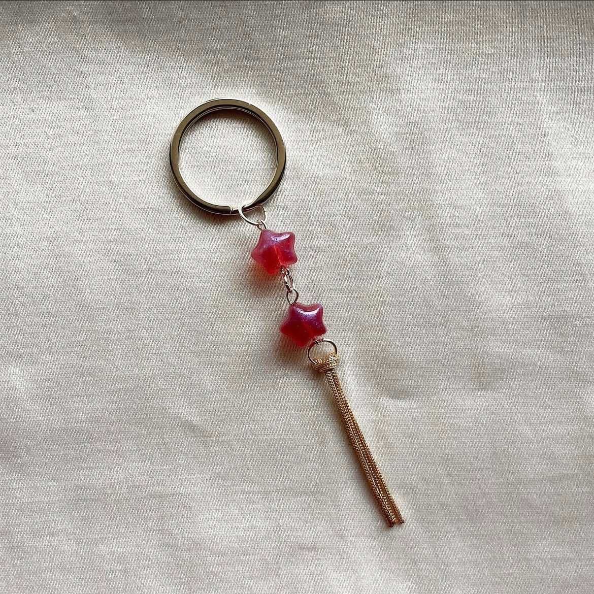 Double pink star beaded tassel keychain ✨