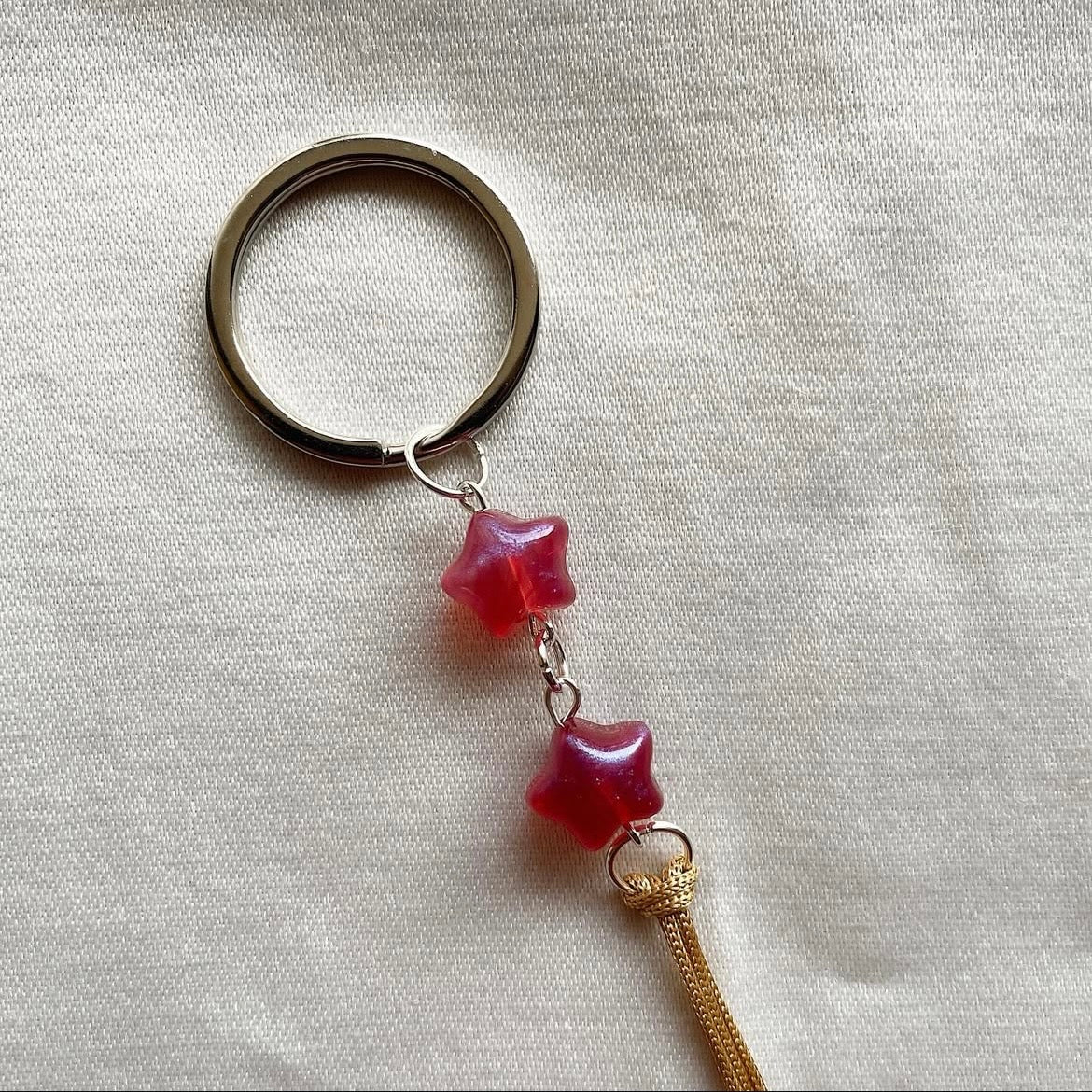 Double pink star beaded tassel keychain ✨
