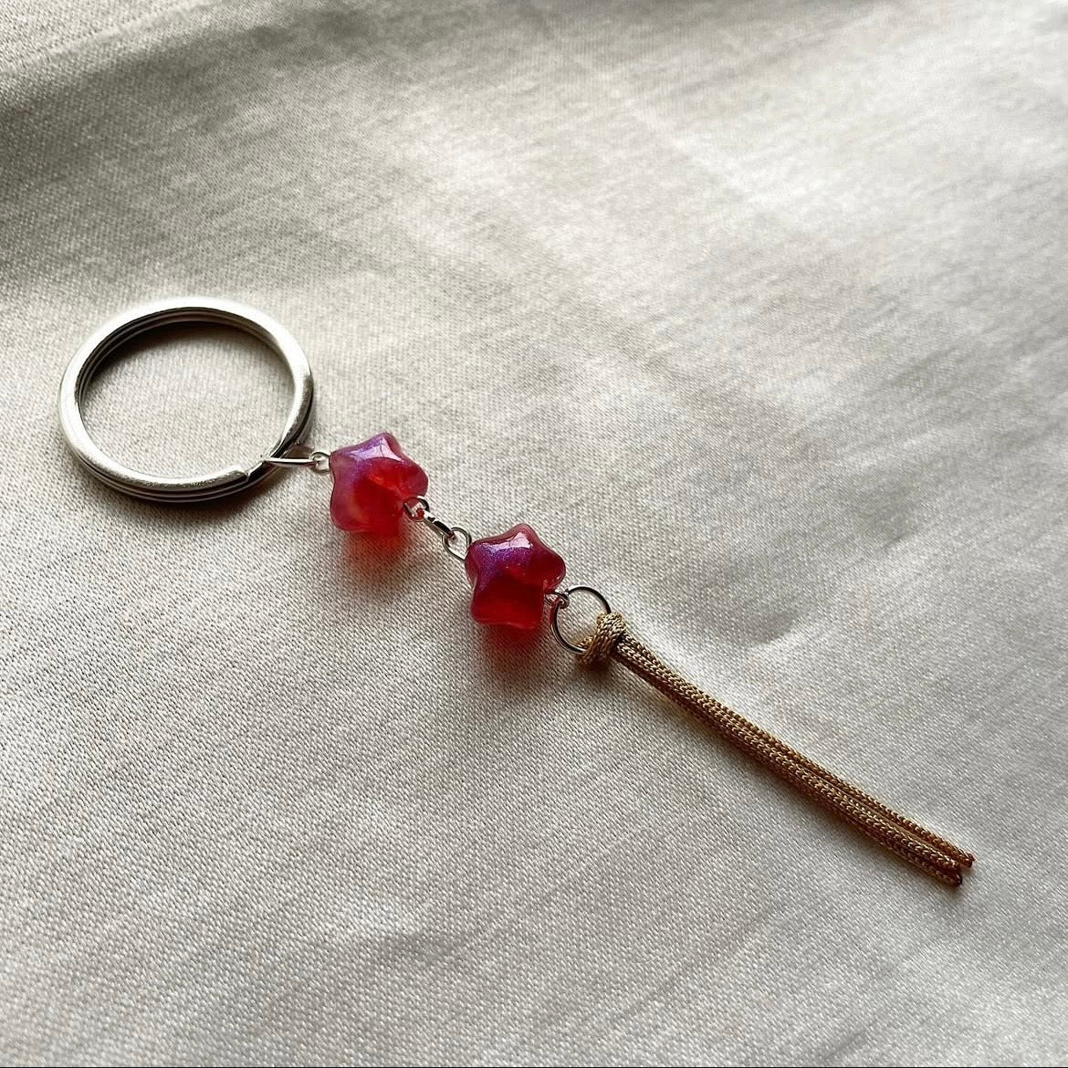 Double pink star beaded tassel keychain ✨