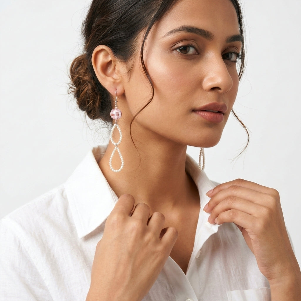 Pink scribble and pearl beaded earrings ✨