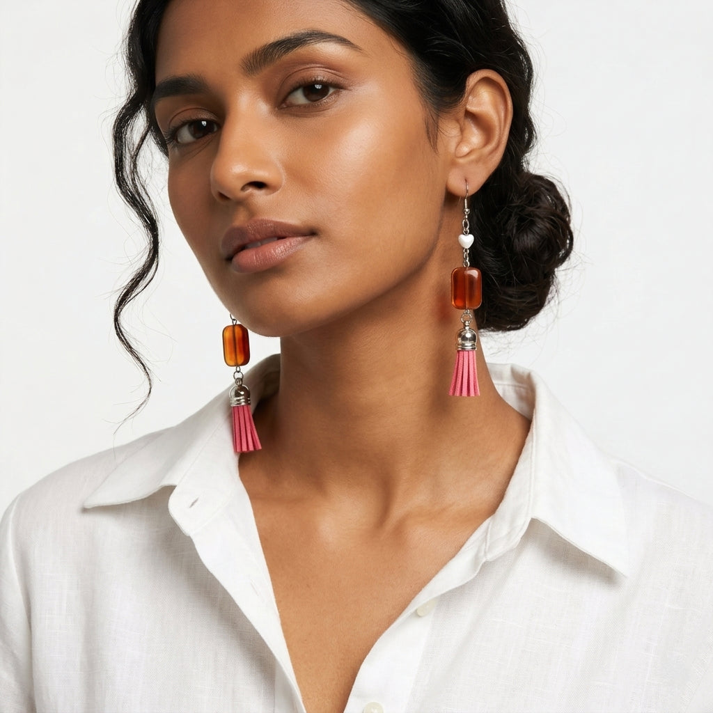 🤍 + caramel + pink tassel earrings ✨