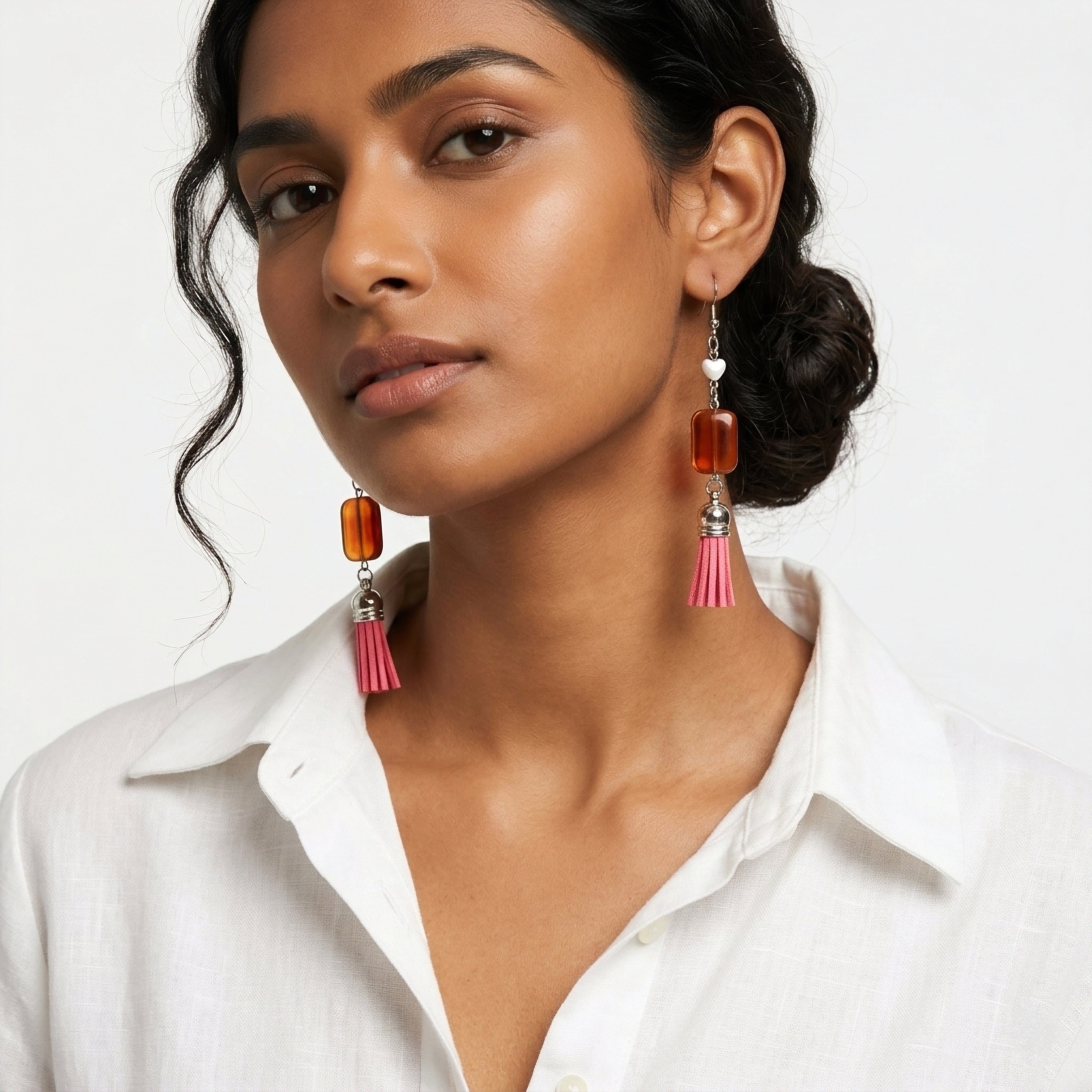 🤍 + caramel + pink tassel earrings ✨