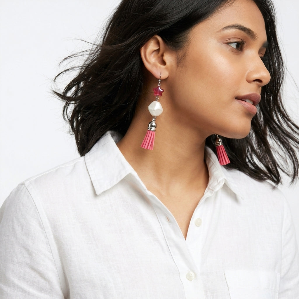 ⭐ + pearl + pink tassel earrings ✨